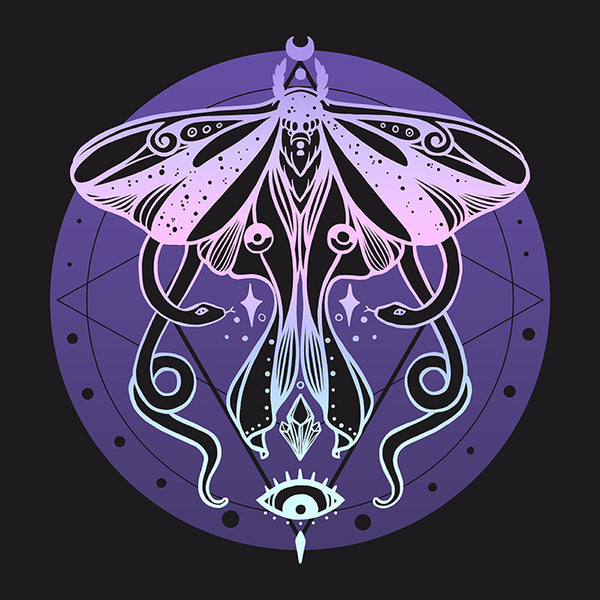Matte art print featuring a mystical luna moth and snakes design in pastel colors on a dark background.