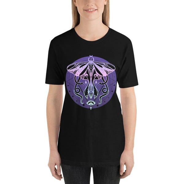 Luna moth and mystical design graphic on a black t-shirt, perfect for witchy fashion lovers.