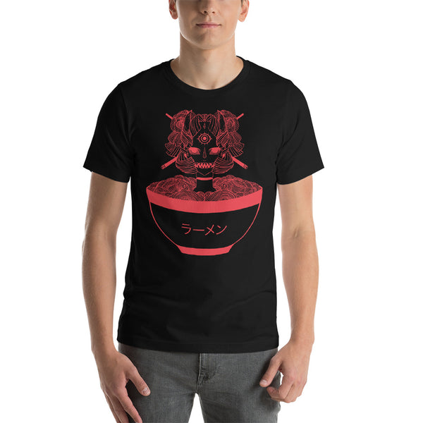 Black unisex t-shirt featuring a monster ramen illustration, perfect for both men and women.