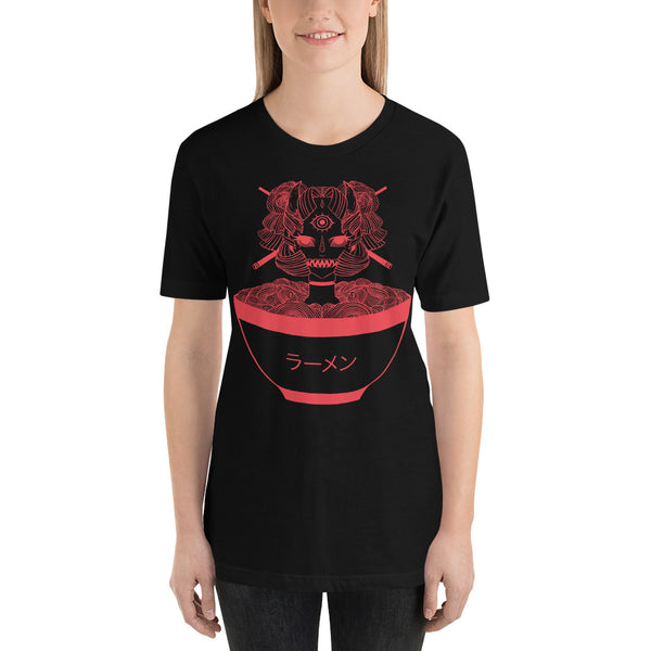 Black unisex t-shirt featuring a colorful monster ramen illustration with Japanese text.
