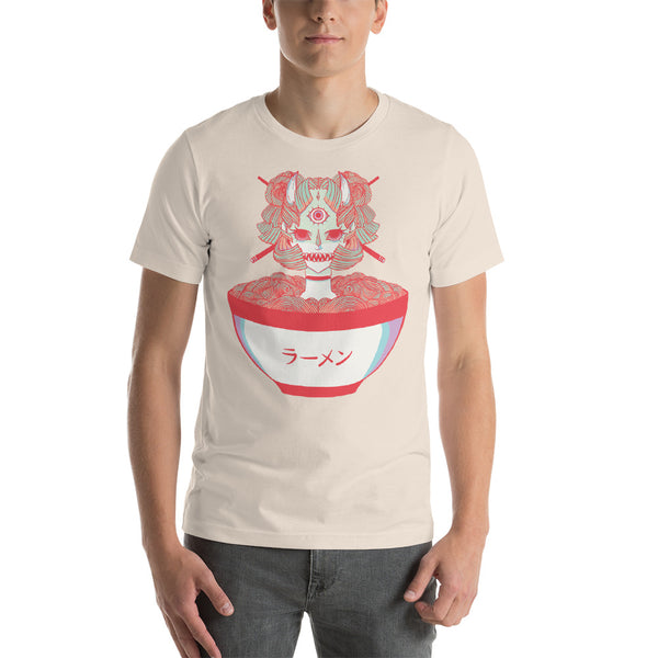 Men's unisex t-shirt featuring original monster girl ramen noodles illustration in soft, lightweight cotton fabric.