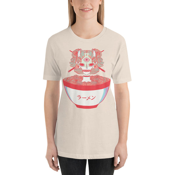 Unisex Monster Girl Ramen t-shirt featuring a colorful noodles illustration on a light background. Perfect for casual wear.