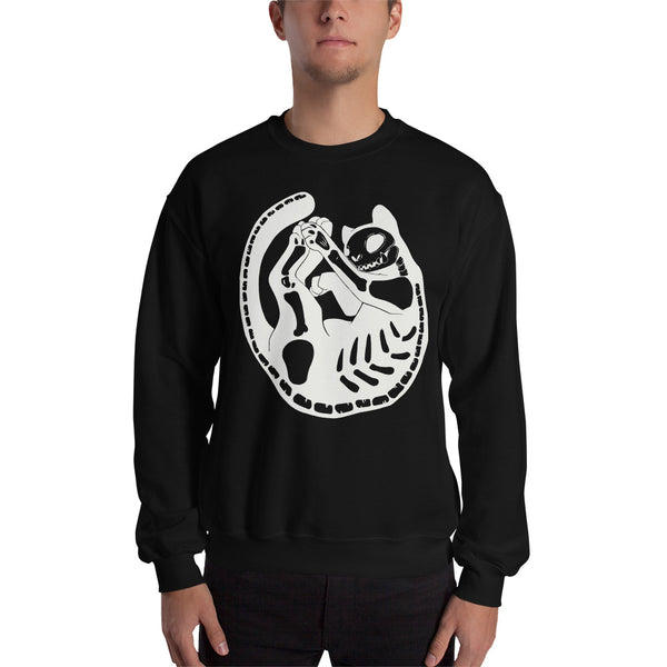 Black sweatshirt featuring an original illustration of a playful skeleton cat, perfect for autumn and winter wear.