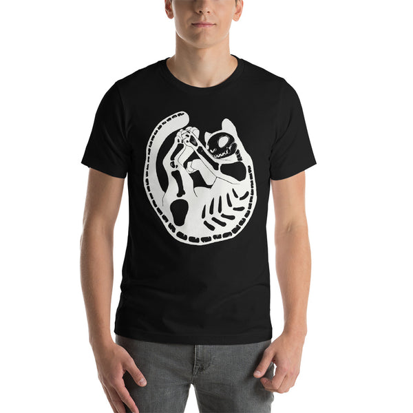 Black unisex t-shirt featuring a skeleton cat graphic on a male model, showcasing original artwork for fans of unique designs.
