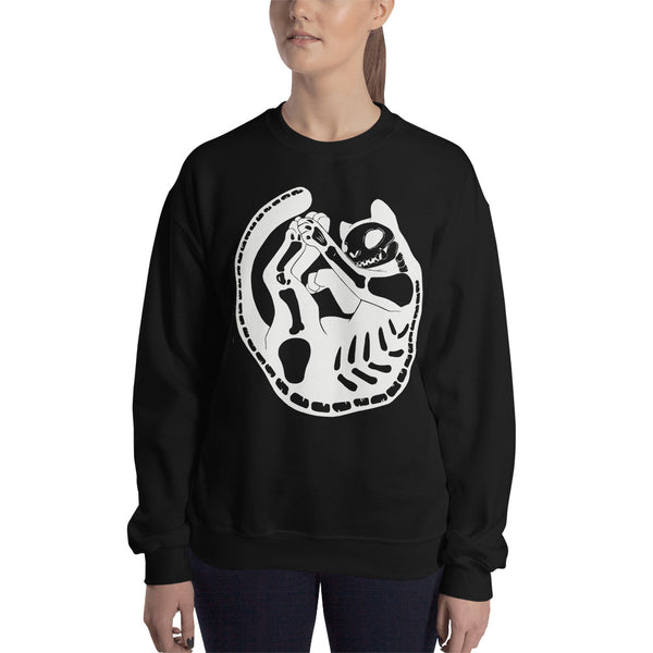 Unisex black sweatshirt featuring an original skeleton cat illustration, perfect for autumn and winter wear.