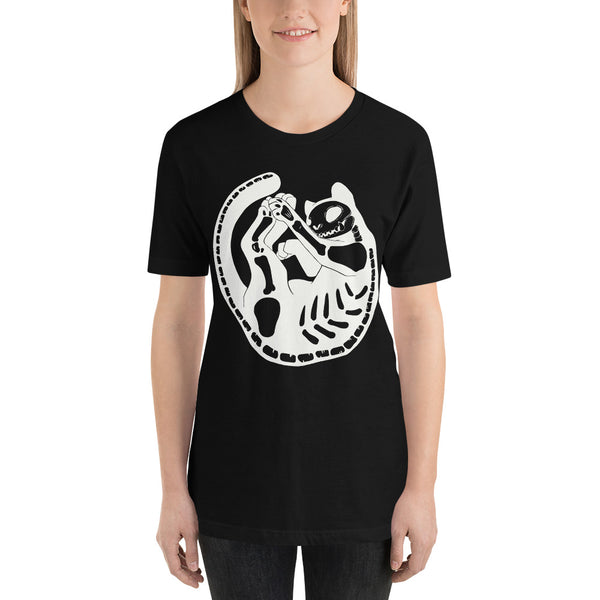 Black unisex t-shirt featuring original artwork of a skeleton cat, perfect for casual wear.