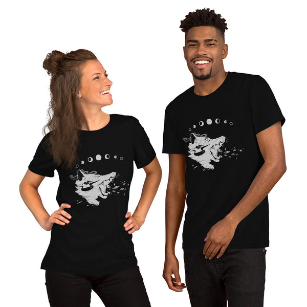 Black unisex t-shirt featuring original wolf with eyes graphic, worn by male and female models, stylish and soft.