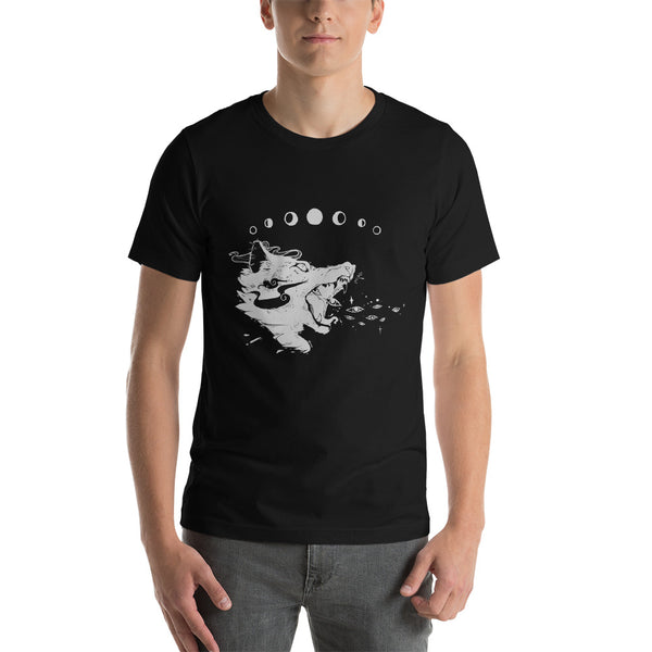 Black unisex t-shirt featuring a wolf illustration with moons, soft and comfortable fabric for all genders.