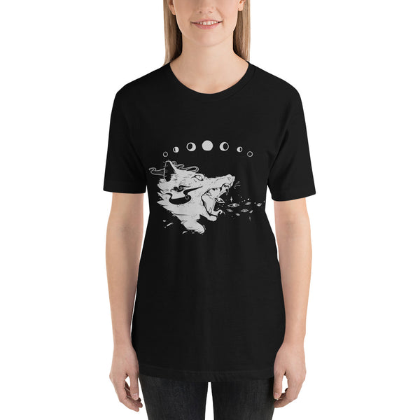 Black unisex t-shirt featuring a wolf illustration with moons, soft and comfortable fabric, perfect for men and women.