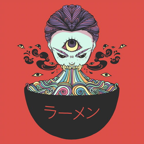 Colorful ramen art print featuring a whimsical bowl with swirling noodles and a mystical character, vibrant and eye-catching.