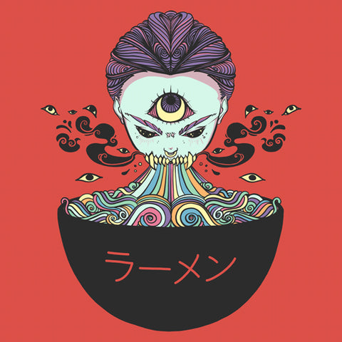Colorful ramen art print featuring a whimsical bowl with swirling noodles and a mystical character, vibrant and eye-catching.