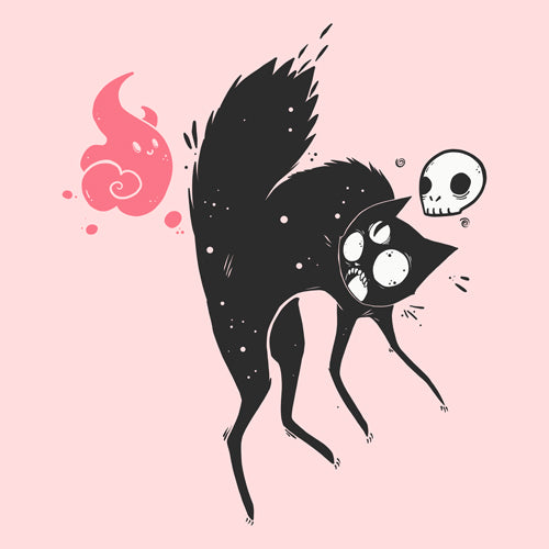Kuro black cat art print featuring a ghost and skull on a pink background, museum-quality, durable archival paper.