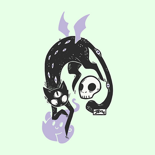 Kuro Black Cat art print featuring a playful black cat, a ghost, and a skull on a soft green background.