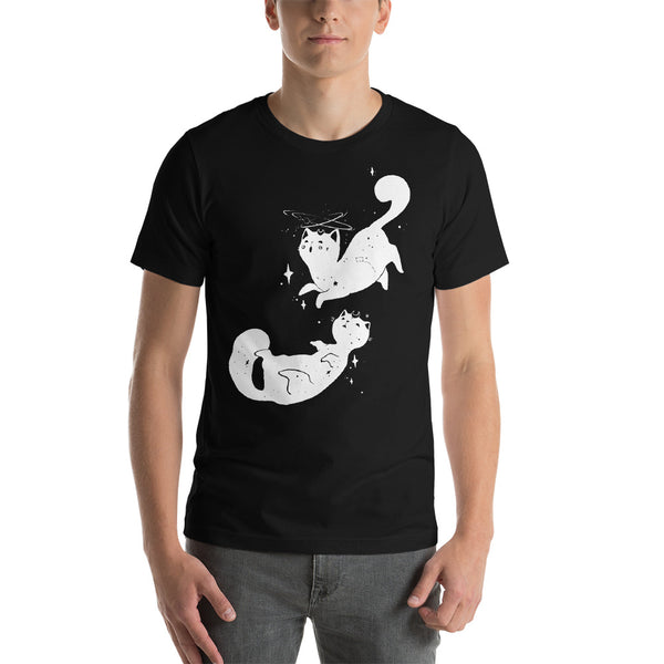 Black unisex t-shirt featuring original space cats illustration, perfect for men and women.