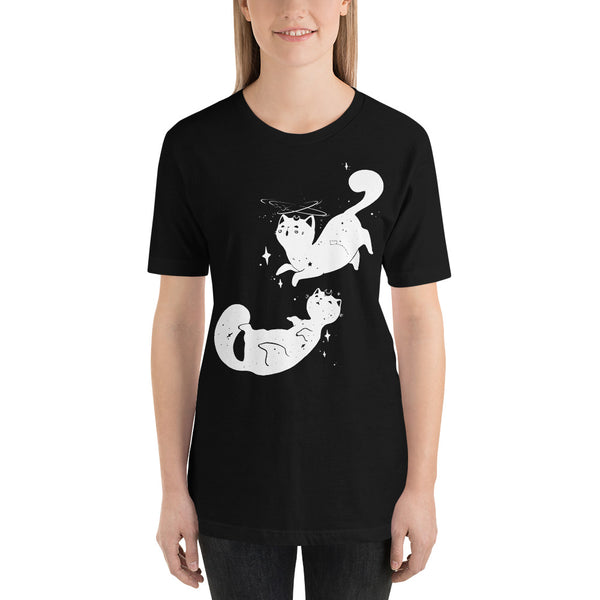 Space Cats Unisex T-Shirt in black featuring original illustration of cats floating in space, perfect for both men and women.
