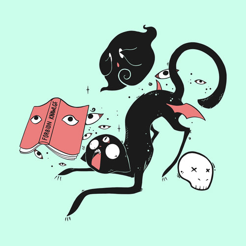 Illustration of Kuro, the black cat, surrounded by whimsical elements like eyes, a skull, and a book on a mint green background.