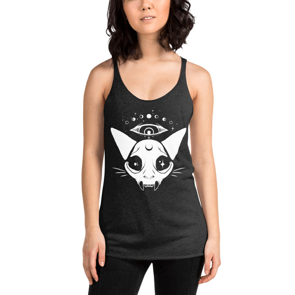 Ladies racerback tank top featuring cat skull artwork with stars and third eye design, perfect for workouts and casual wear.