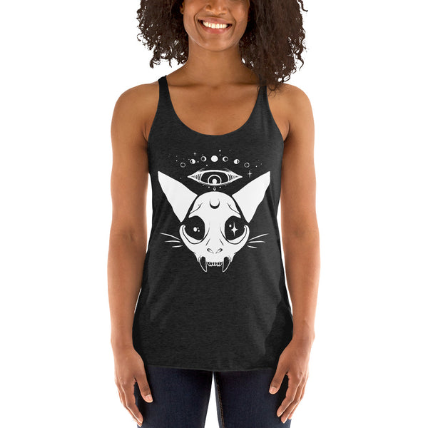 Ladies racerback tank top featuring a cat skull design with moon phases and stars, ideal for workouts and layering.