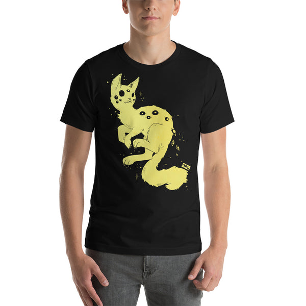 Many Eyed Spider Cat graphic t-shirt in black, featuring a whimsical yellow illustration on a male model.