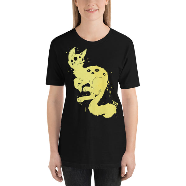 Many Eyed Spider Cat graphic t-shirt in black, featuring a unique yellow cat illustration for men and women.