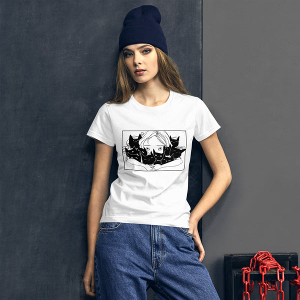 Girl Hugging Cats, Ladies T-Shirt, White