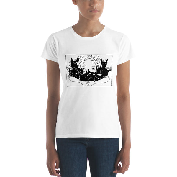 Girl Hugging Cats, Ladies T-Shirt, White
