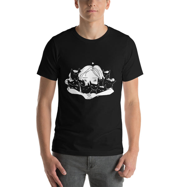 Black unisex t-shirt featuring a girl hugging multiple cats, showcasing original artwork, soft and comfortable fit.