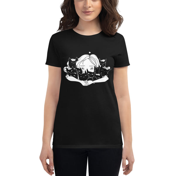 Girl Hugging Cats, Ladies T-Shirt, Black