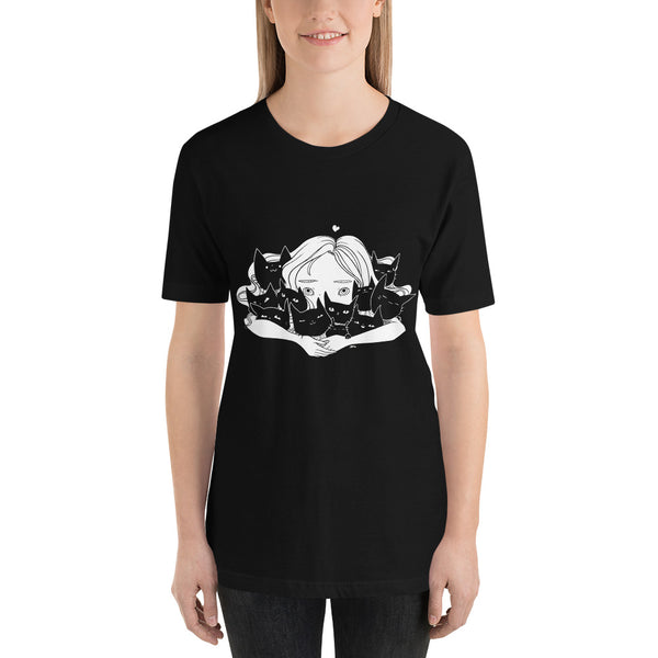 Girl hugging cats graphic on a unisex black t-shirt, soft and eco-friendly, perfect for all genders.