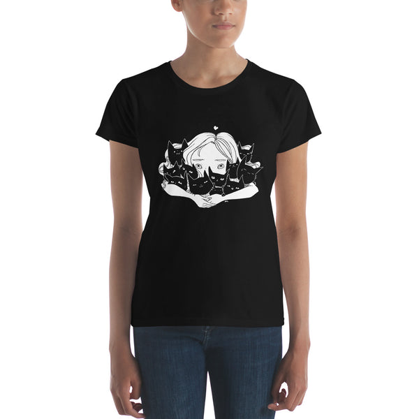 Girl Hugging Cats, Ladies T-Shirt, Black