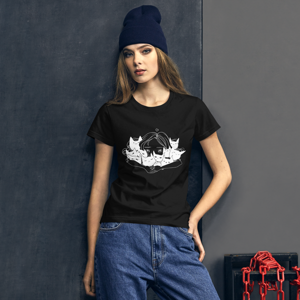 Girl Hugging Cats, Ladies T-Shirt, Black