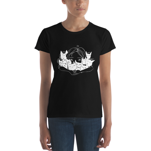 Girl Hugging Cats, Ladies T-Shirt, Black