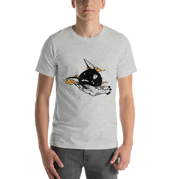Unisex athletic heather t-shirt featuring a squishy cat head illustration, model wearing size M.