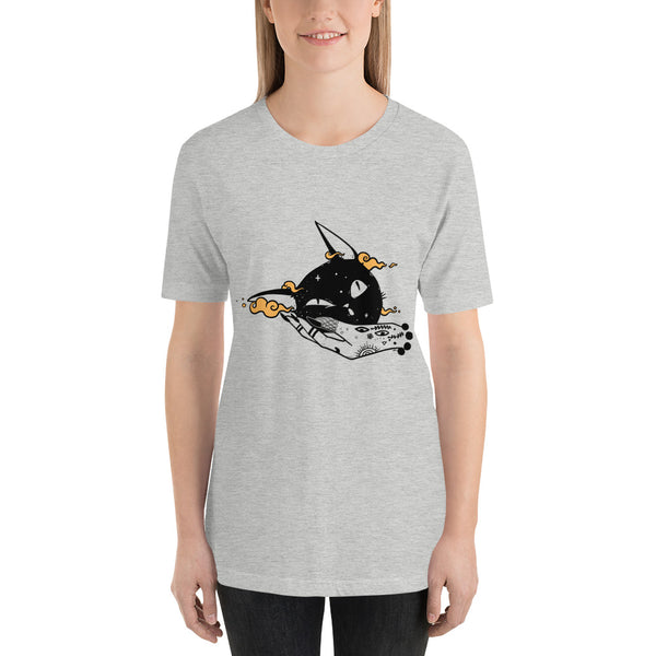 Unisex athletic heather t-shirt featuring a whimsical illustration of a squishy cat head.