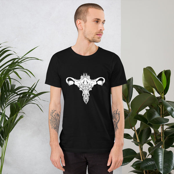 Death Metal Uterus unisex t-shirt design, black fabric, featuring a unique graphic illustration.