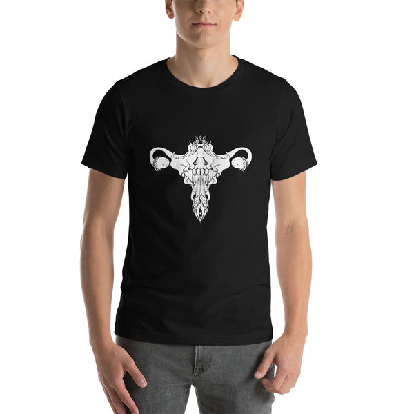 Black unisex t-shirt featuring an original illustration of a death metal uterus graphic.