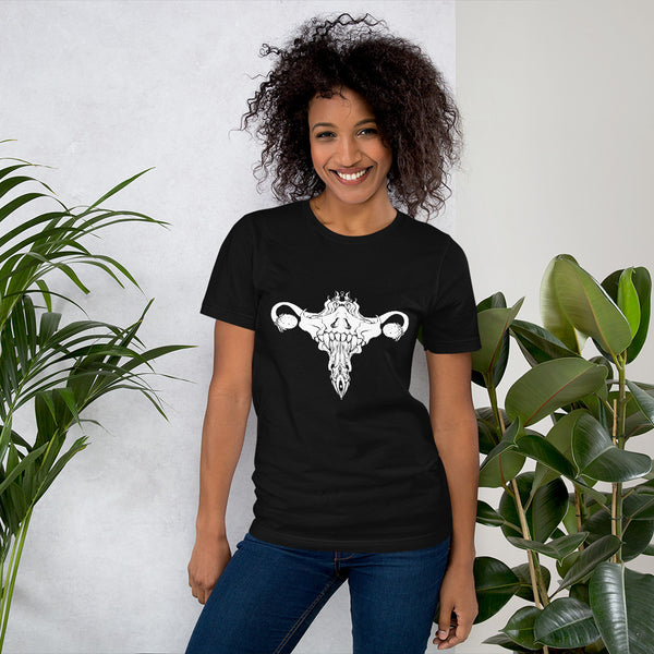 Woman wearing a black unisex t-shirt featuring an original death metal uterus illustration.