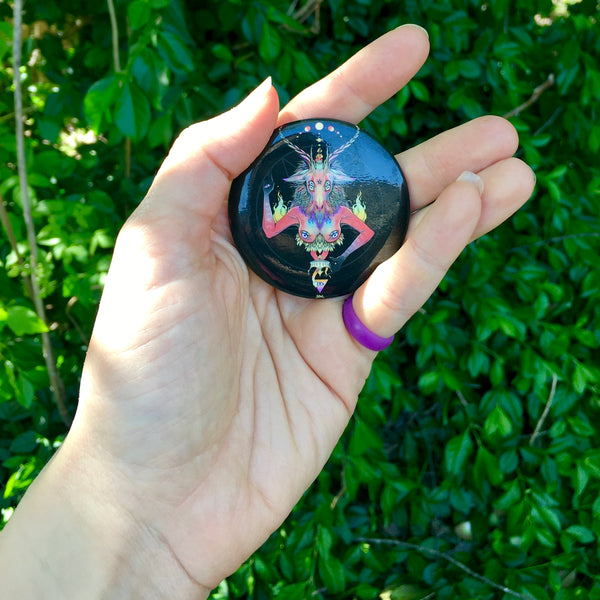scale reference of a baphomet pin button