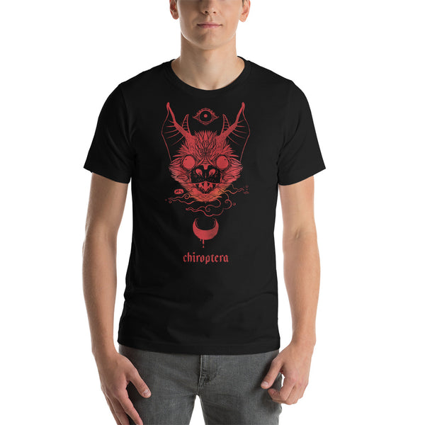 Chiroptera bat illustration on black unisex t-shirt, lightweight, comfortable, eco-friendly 100% cotton.