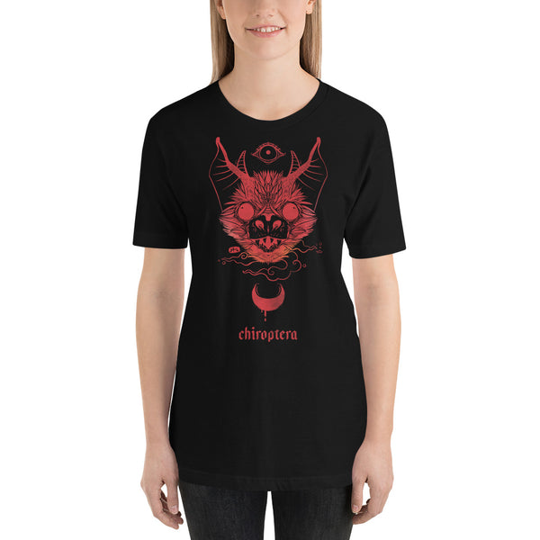 Chiroptera bat graphic unisex t-shirt in black, featuring original artwork and soft, eco-friendly cotton.