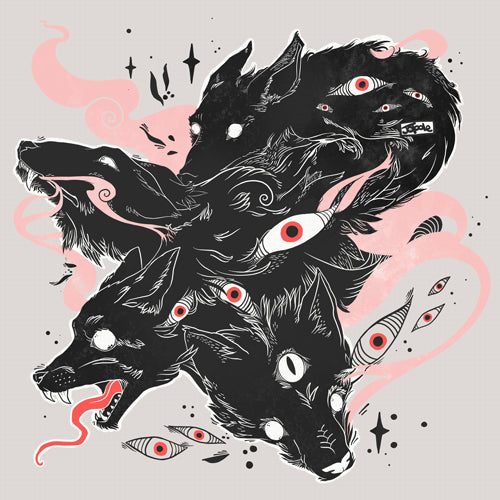 Matte art print of original illustration featuring multiple black wolves with striking eyes and abstract swirls.
