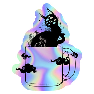 Black Cat In Coffee Cup, Holographic Sticker