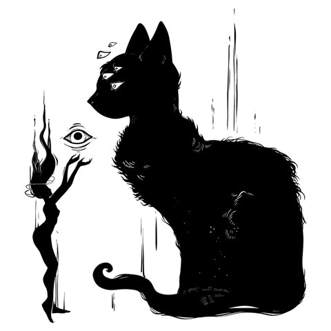 Black Cat With Witch Art Print, Witchy Wall Art