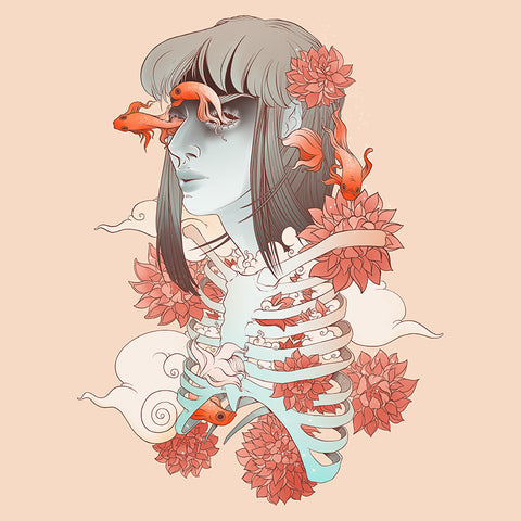 Betta Fish Skeleton Woman Art Print, Dreamcore Wall Art