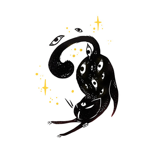 Matte art print of a stretching black cat illustration with stars and eyes, museum-quality and archival paper.