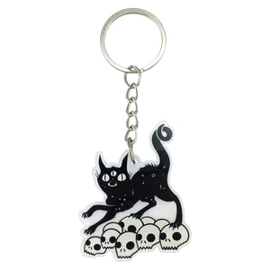 Black Cat On Skulls, Keychain