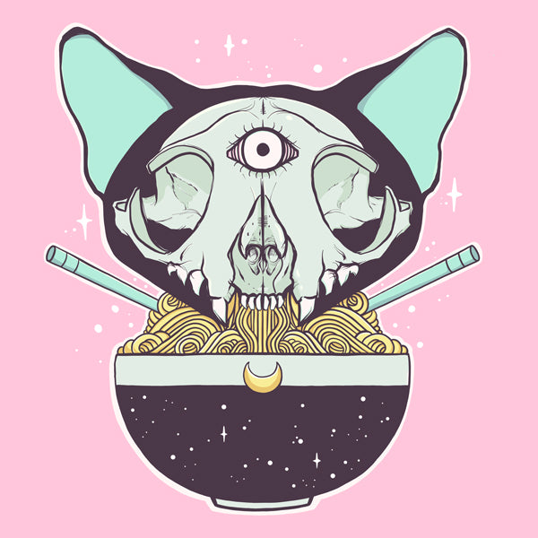 Matte art print of a cat skull with ramen noodles in a bowl, featuring a whimsical design on a pink background.