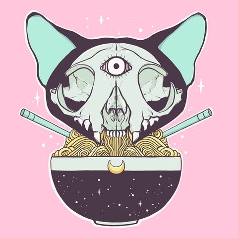 Matte art print of a cat skull with ramen noodles in a bowl, featuring a whimsical design on a pink background.