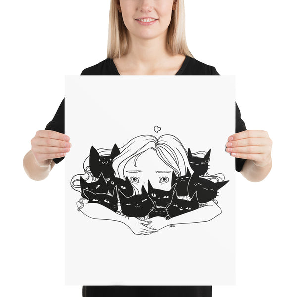 Girl Hugging Cats, Matte Art Print Poster
