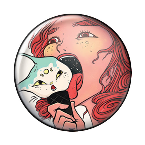 Girl And Cat Ice Cream, 1-Inch Pin Button